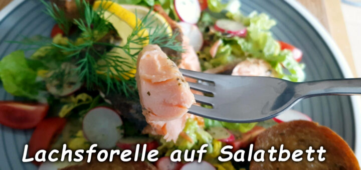 Lachsforelle auf Salatbett und Kräuterbaguette